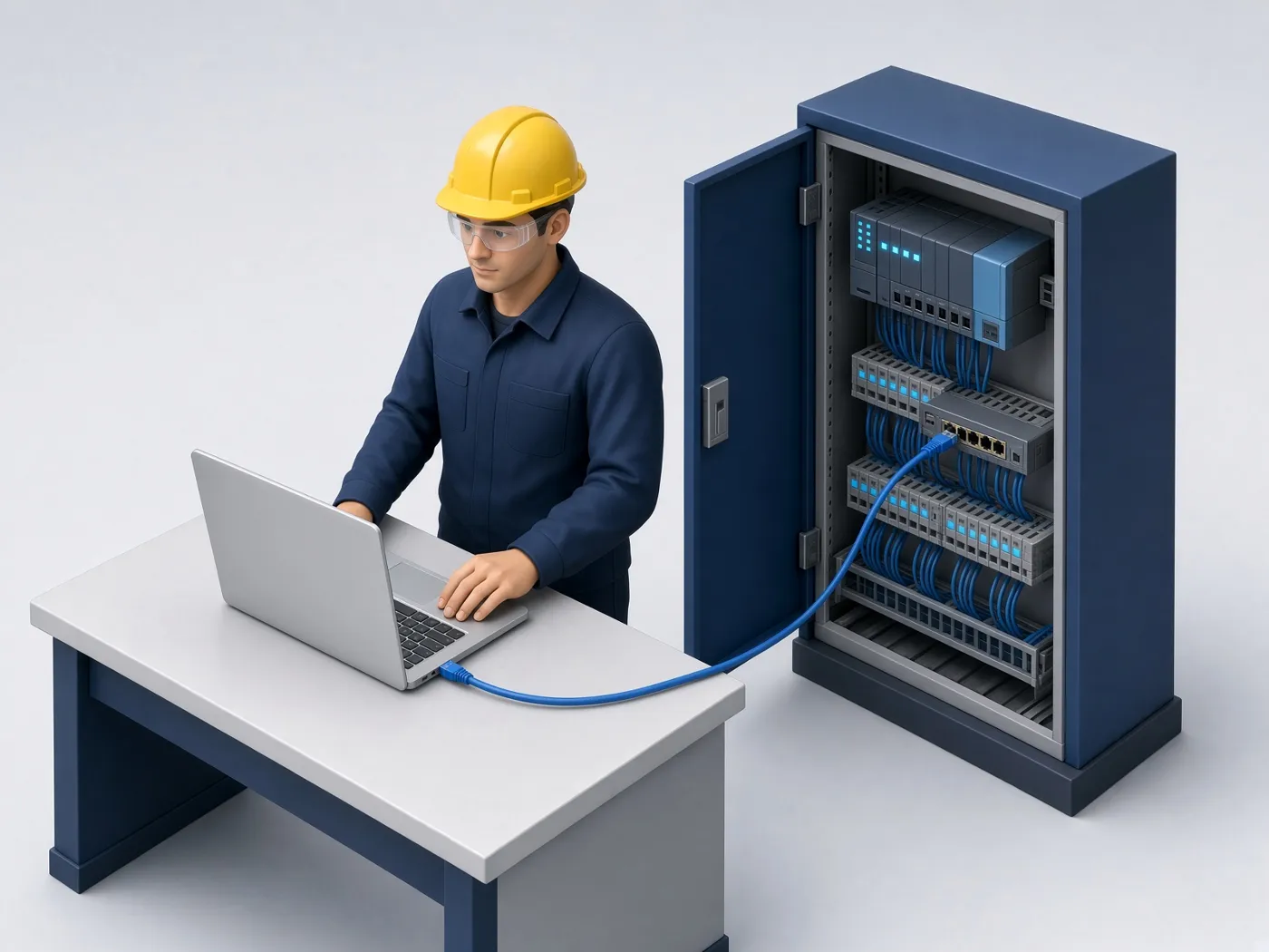 Controls engineer in a hard hat at a laptop beside an open electrical cabinet